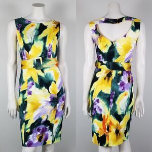 Julian Taylor Yellow Floral Belted Sheath Cocktail Knee Length Dress Size 6